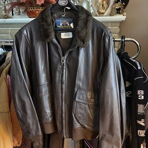 Classic Brown Leather Bomber Jacket with Fur Collar